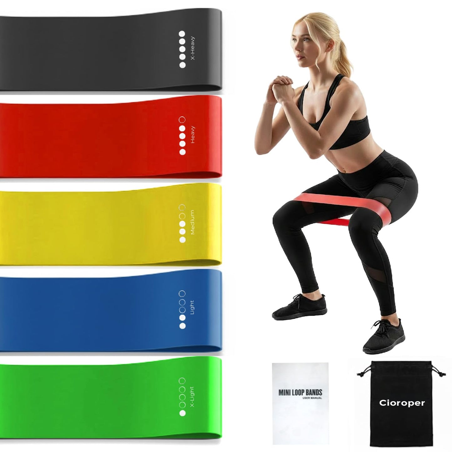 Cioroper Resistance Bands for Working Out Exercise Loop Bands Workout Bands Set for Men Women Body Stretching, Pilates Yoga Physical Therapy, Leg Glute Arm Exercise Kit, Set of 5