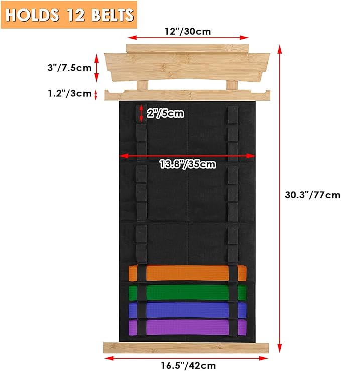 JUXYES Wall Hanging Martial Arts Belts Organizer with Trophy and Medal Display Rack, Bamboo Karate Belt Display Holder Rack, Wall Mounted Taekwondo Belt Display Holder for Martial Arts Learners