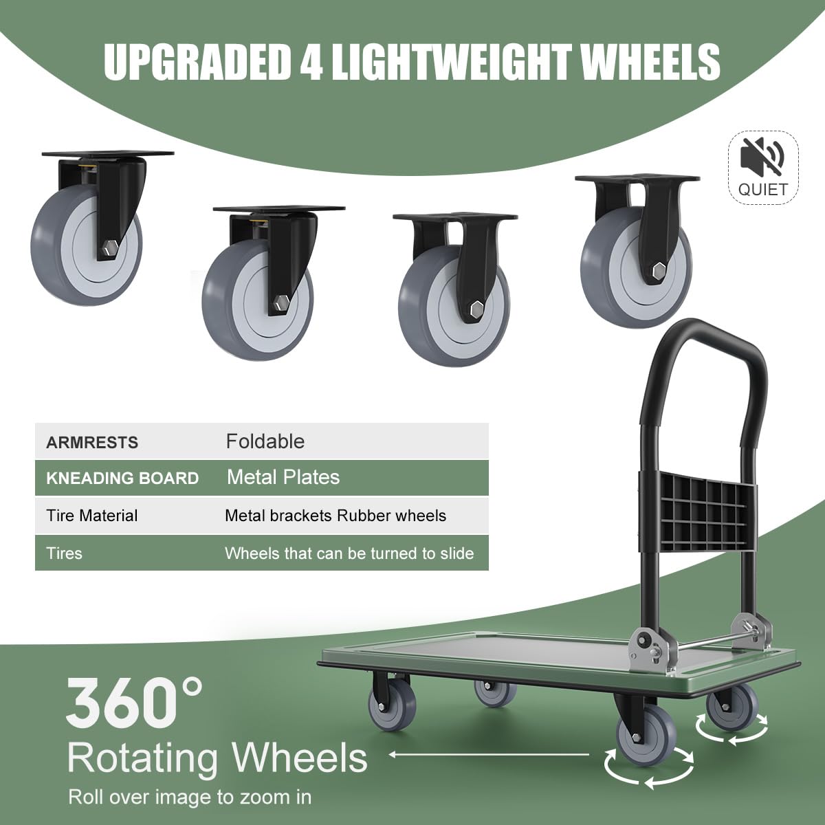 WUD Push Cart, Folding Mobile Platform Trolley,Thickened and Reinforced, 360° Swivel Wheels,30.3 “L x 19.7 ”W, 900 lb. Green Dolly cart with Wheels