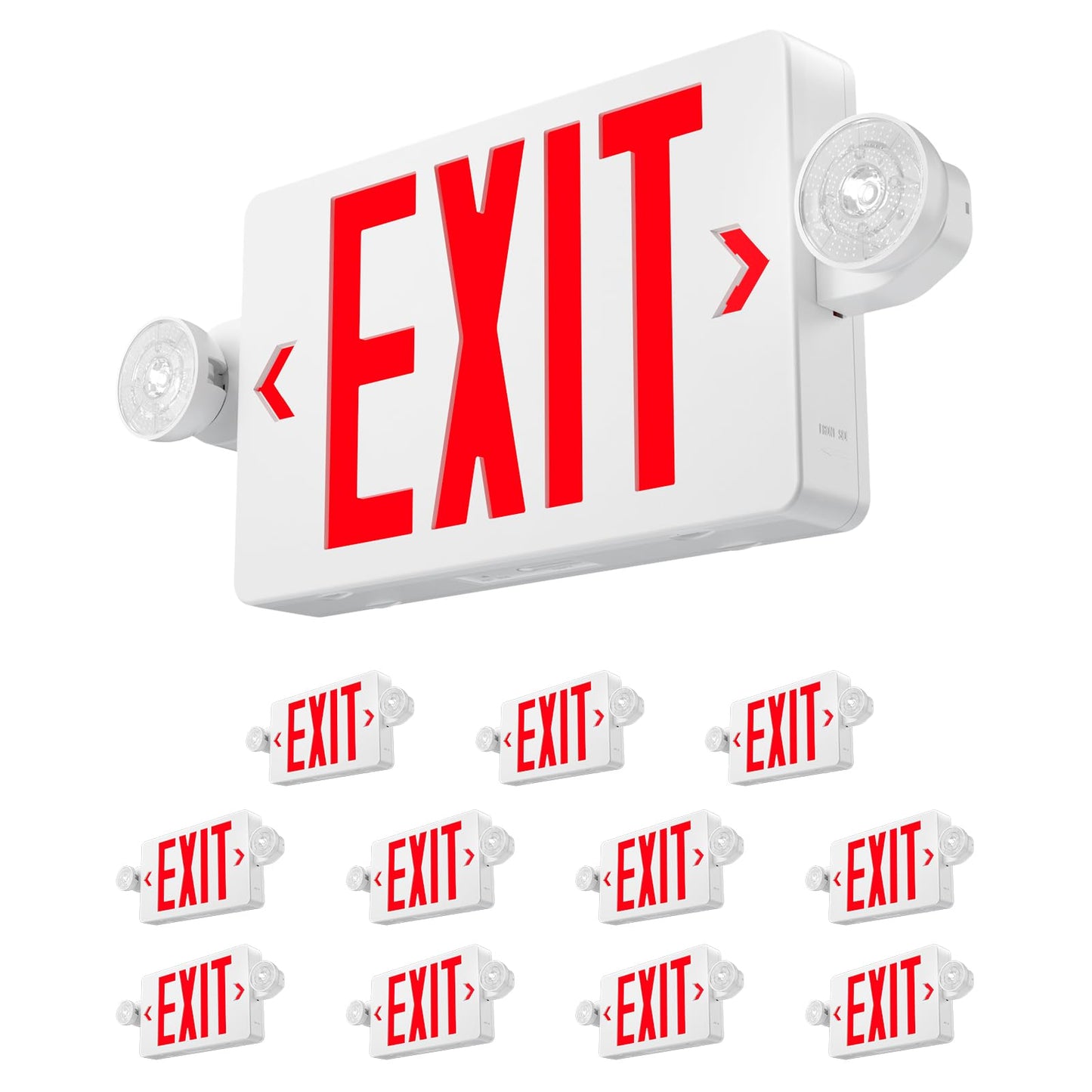 Amico 12 Pack Red Exit Signs with Emergency Lights, Commercial Grade, 94V-0 Fire Resistant Housing, Two LED Adjustable Head, Emergency Exit Sign with Lights Battery Backup, ETL Certified, AC 120/277V