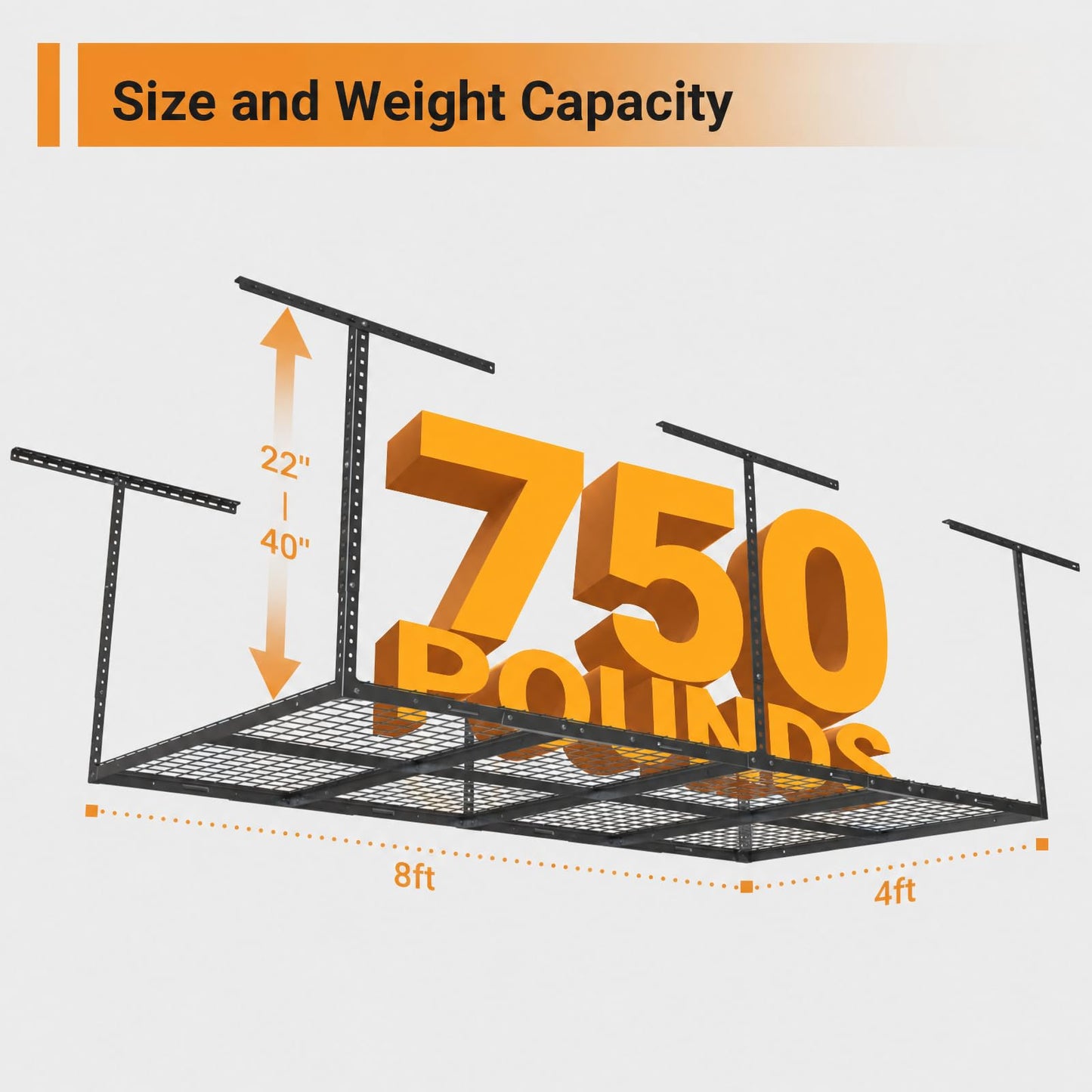 eShelf 4ftx8ft Overhead Garage Storage Rack, Heavy-Duty Metal Garage Ceiling Storage Rack, 22''-40" Adjustable Ceiling Drop-Down, 750 lb. Loading Weight Capacity, Black