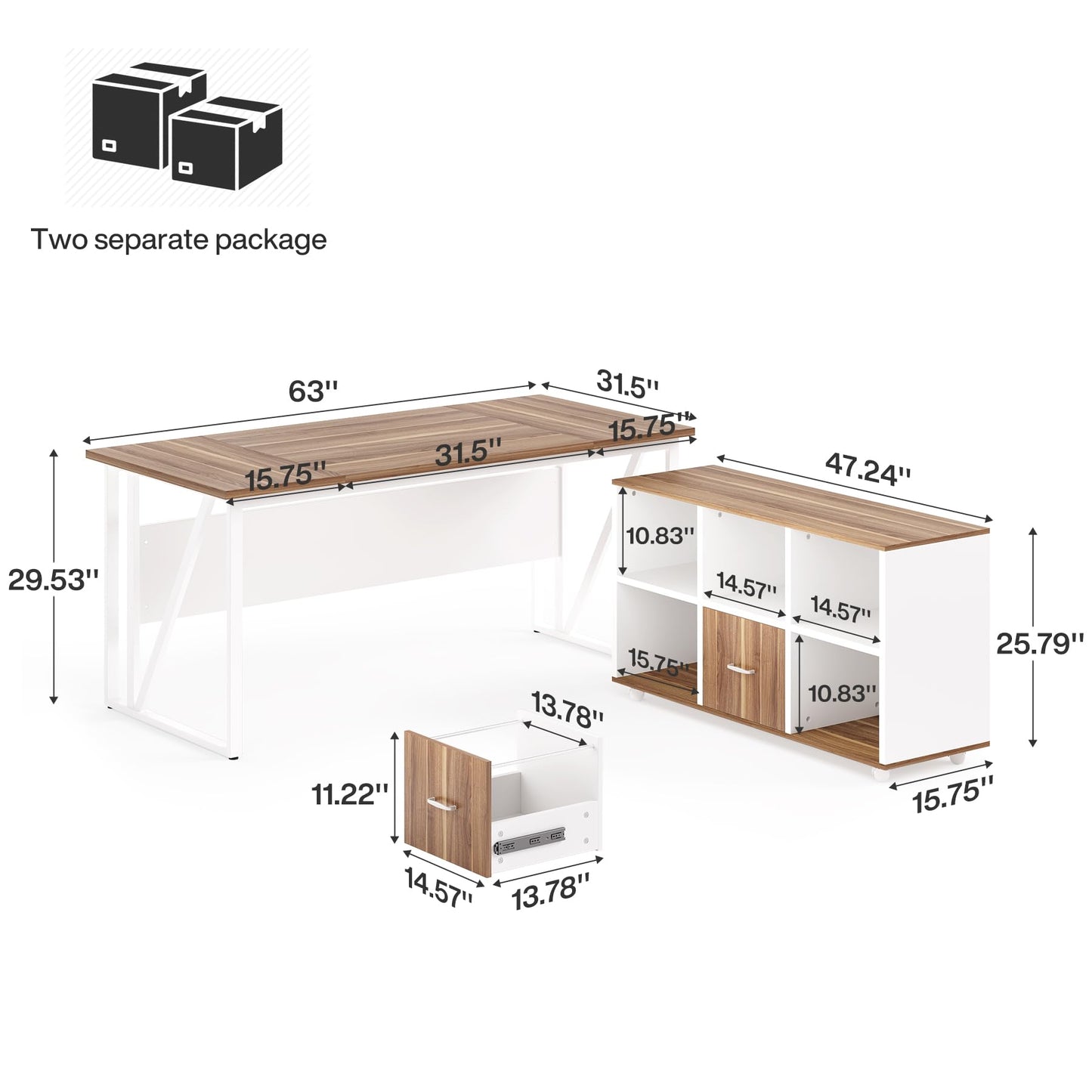Tribesigns 63-Inch Executive Desk with 47" Mobile File Cabinet, L-Shaped Computer Desk with Drawers & Shelves, Large Industrial Home Office Desk Set with Storage (Light Brown & White)