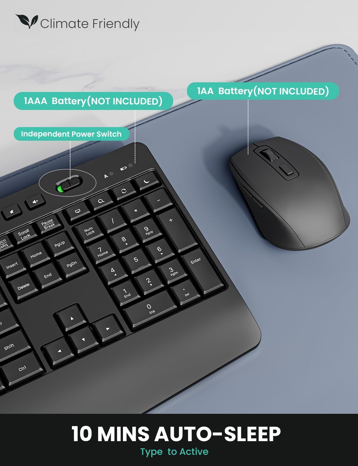 LIZRROT 2.4GHz Ergonomic Wireless Keyboard and Mouse Combination, Quiet Full Length Mouse and Keyboard, Wrist Stand