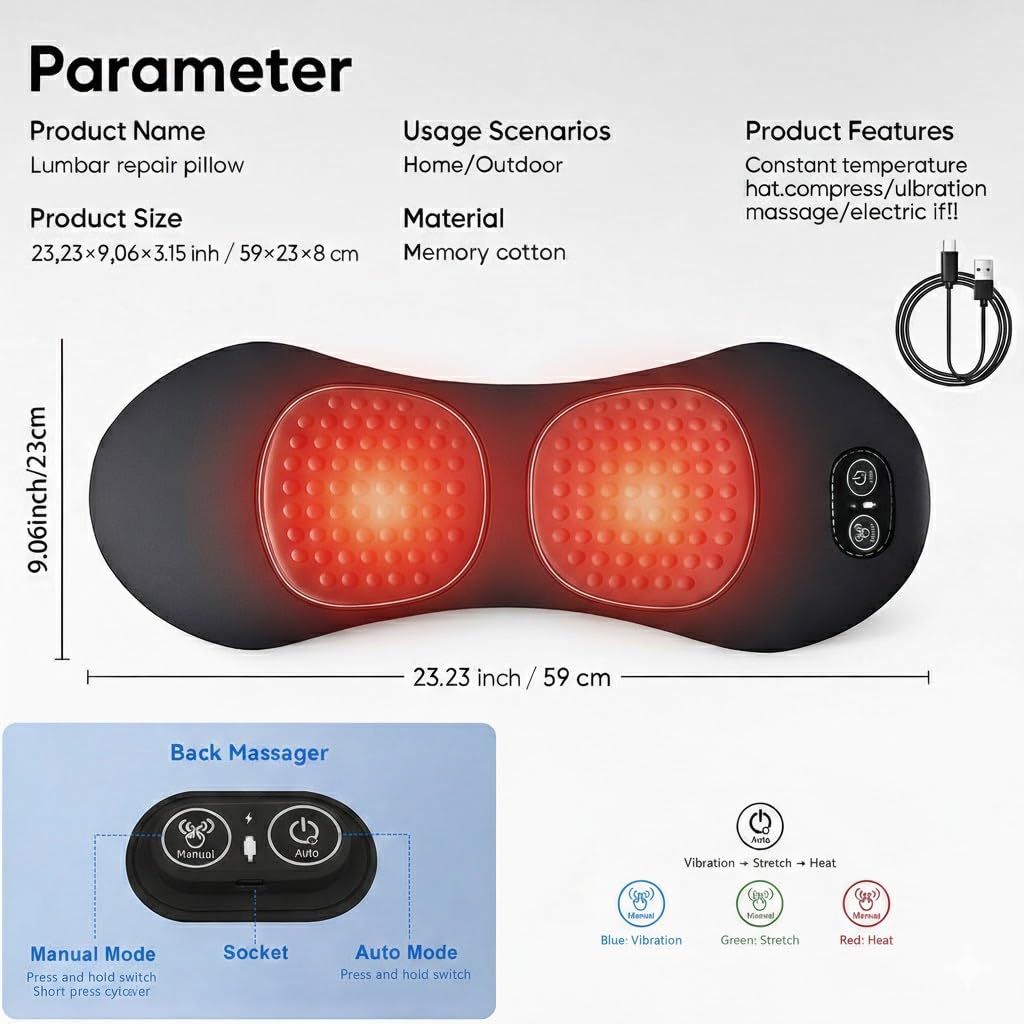 TNDCKP 3 in 1 Back Massager for Spine and Lower Back, Electric Lumbar Massager with Heat, Spine Massage Pillow with Traction Support for Home and Office Comfort (Grey) (Grey)