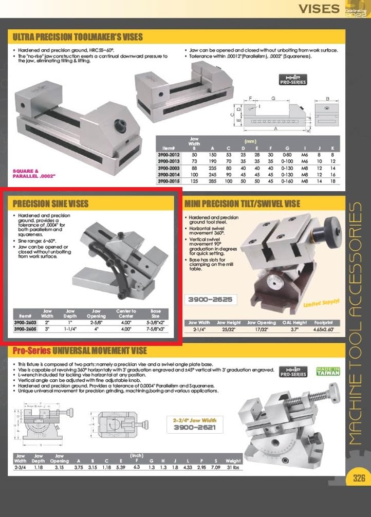 HHIP 3900-2605 Precision Sine Vise, 4" Opening, 3"