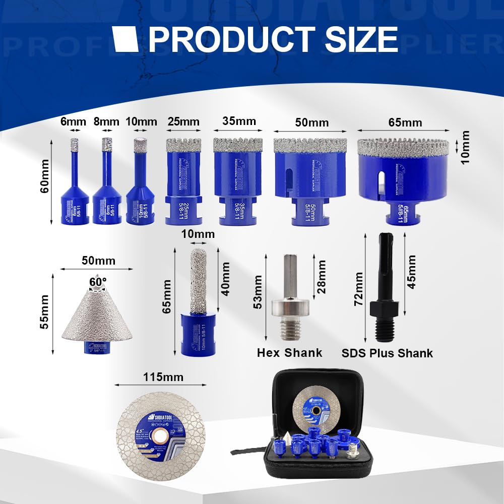 SHDIATOOL Diamond Drill Bits Kit - Core Bits Hole Saw Sets,Mould Guide for Drilling Porcelain Tile Marble Ceramic Granite with Hollow EVA Guide Jig 12pcs(6/8/10/25/35/50/65/10MM/2in/HEX+SDS+4.5in)