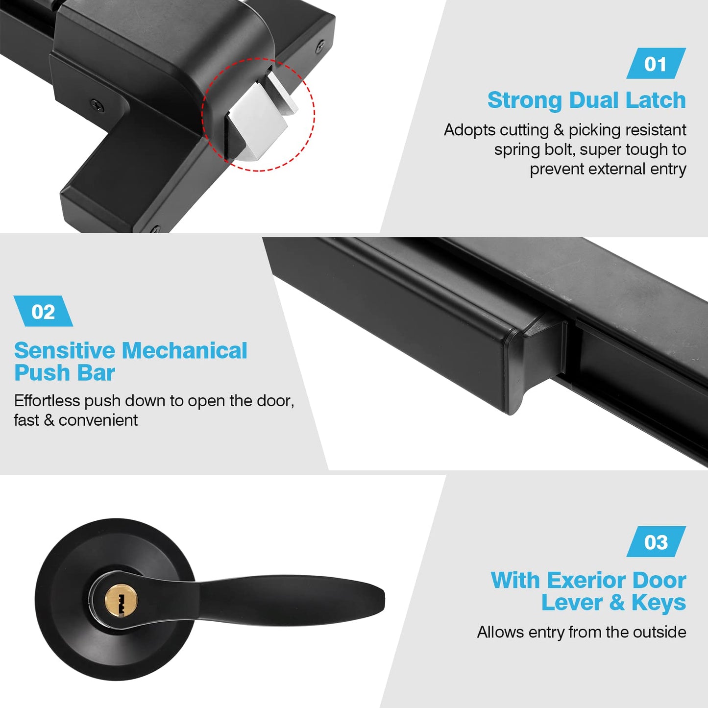 IRONWALLS Panic Exit Device, Black - 41' Commercial Door Push Bar with Exterior Lever, Stainless Steel Emergency Door Push Bar Locks for 41'-53' Doors