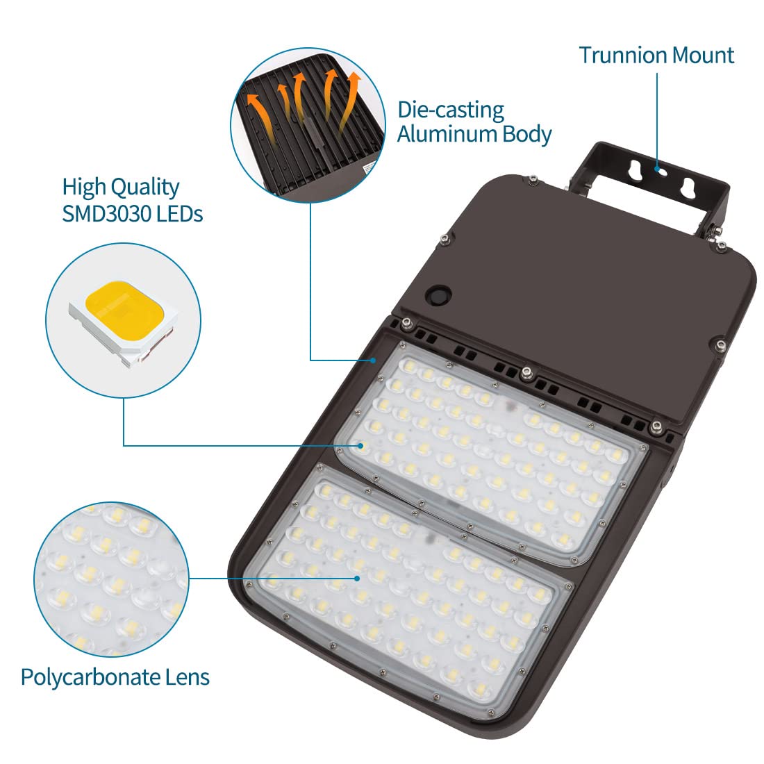 Xbuyee 300W LED Parking Lot Light with Dusk to Dawn Photocell, Outdoor Dimmable Area Lights with Trunnion Mount, 45000LM 5000K Daylight 100-277V IP65, Power Selectable (300W/240W/200W) ETL