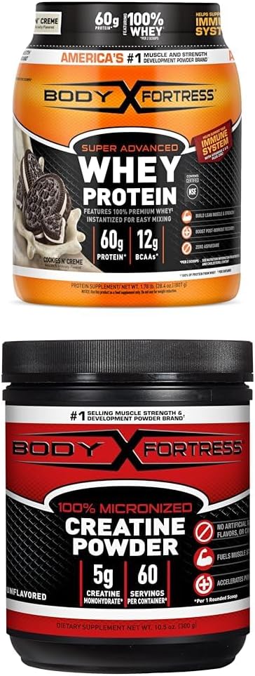 Bundle of Body Fortress Super Advanced Whey Protein Powder, Chocolate Peanut Butter 1.78 lbs + Body Fortress 100% Micronized Creatine Monohydrate Powder, 300g (60 Servings, 5g Scoop) – Unflavored