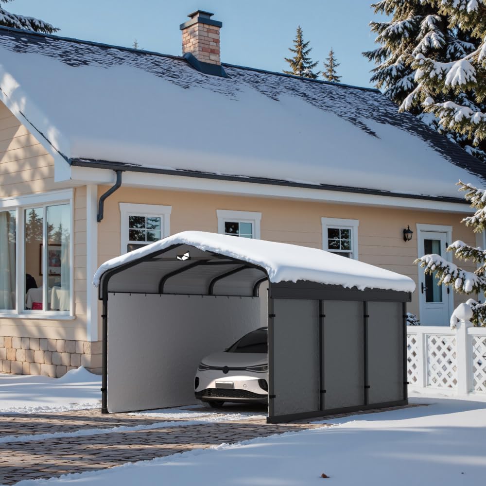 Benass 10x15FT Heavy Duty Metal Carport, Galvanized Steel Roof Portable Garage with PE Sidewalls, 2x2 Reinforced Square Tube Frame, All-Weather Waterproof Shelter for Car, Truck, Boat
