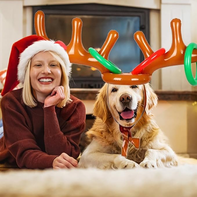 4 Pack Inflatable Reindeer Antler Ring Toss Game (4 Antlers 16 Rings) Reindeer Antler Hat Ring Toss for Xmas Party 2023 Great Christmas Games for Families