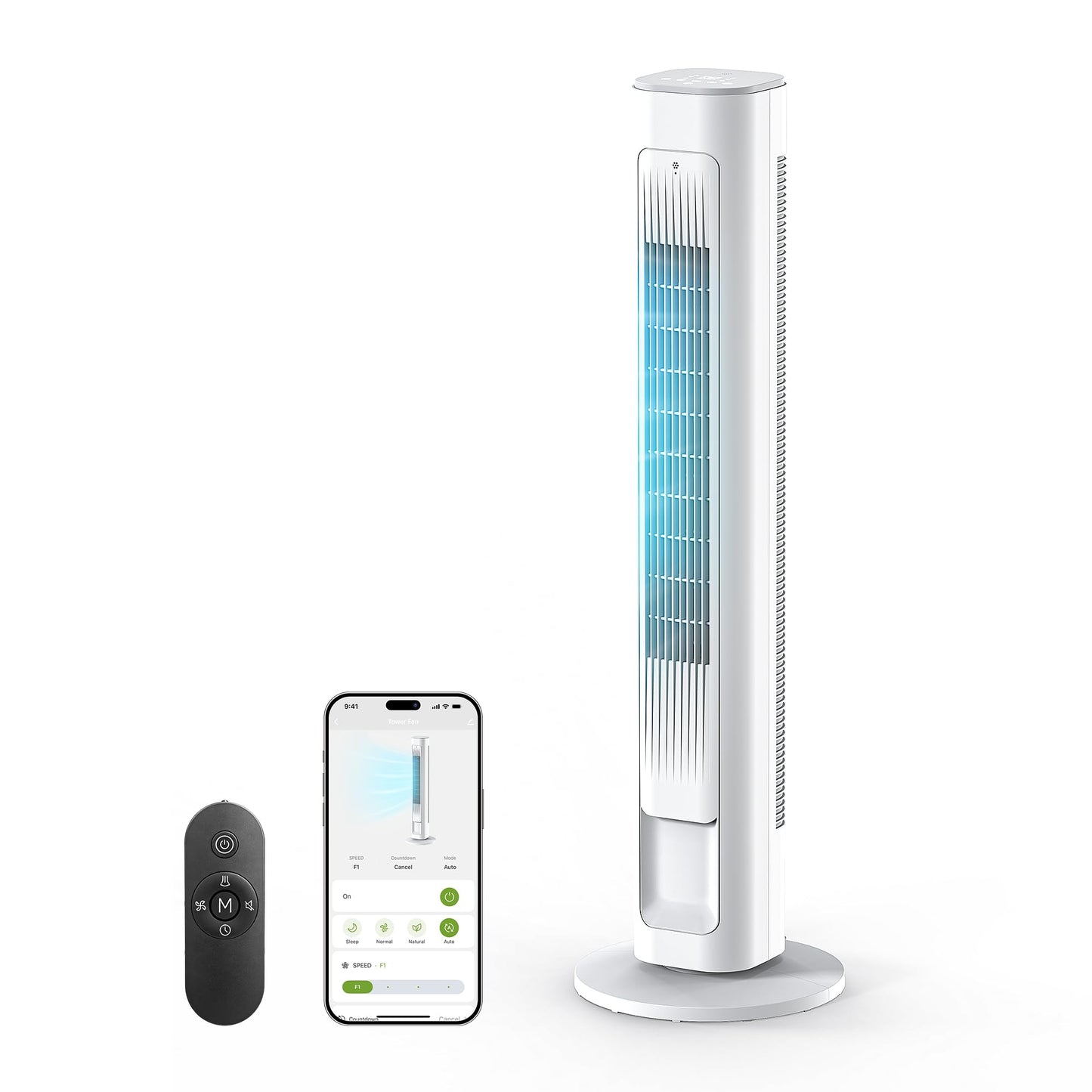 MORENTO Tower Fan for Bedroom, 2026 Upgraded 90° Oscillating 43" Standing Fan with 4 Speeds, 4 Modes, 25ft/s Velocity Bladeless Fan with APP/Voice/Remote/Touch Control, 28dB, 12H Timer, White 1Pack