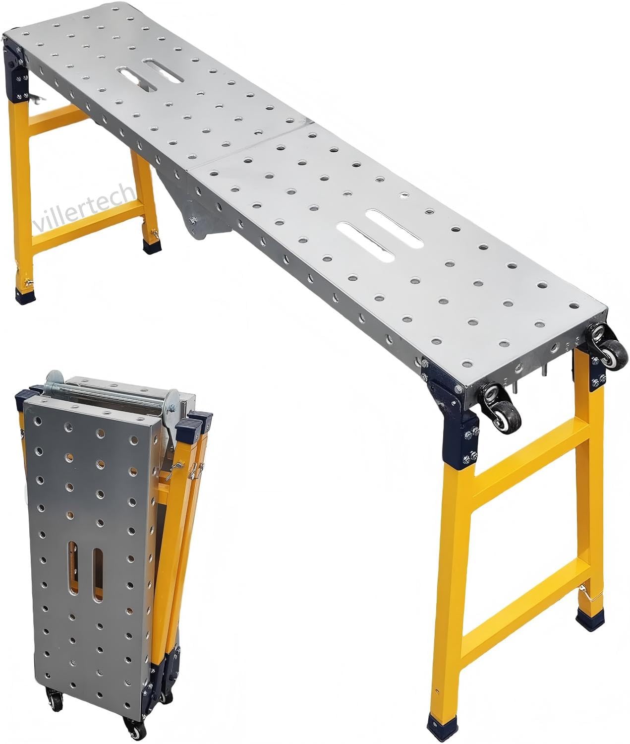 Villertech Folding Scaffolding Platform 1100 Lbs Height Adjustable Anti Slip Steel Step Ladder Stool with Galvanized Coating Anti-Slip Feet for Construction Car Washing Roof Snow Removal（59" Wide）