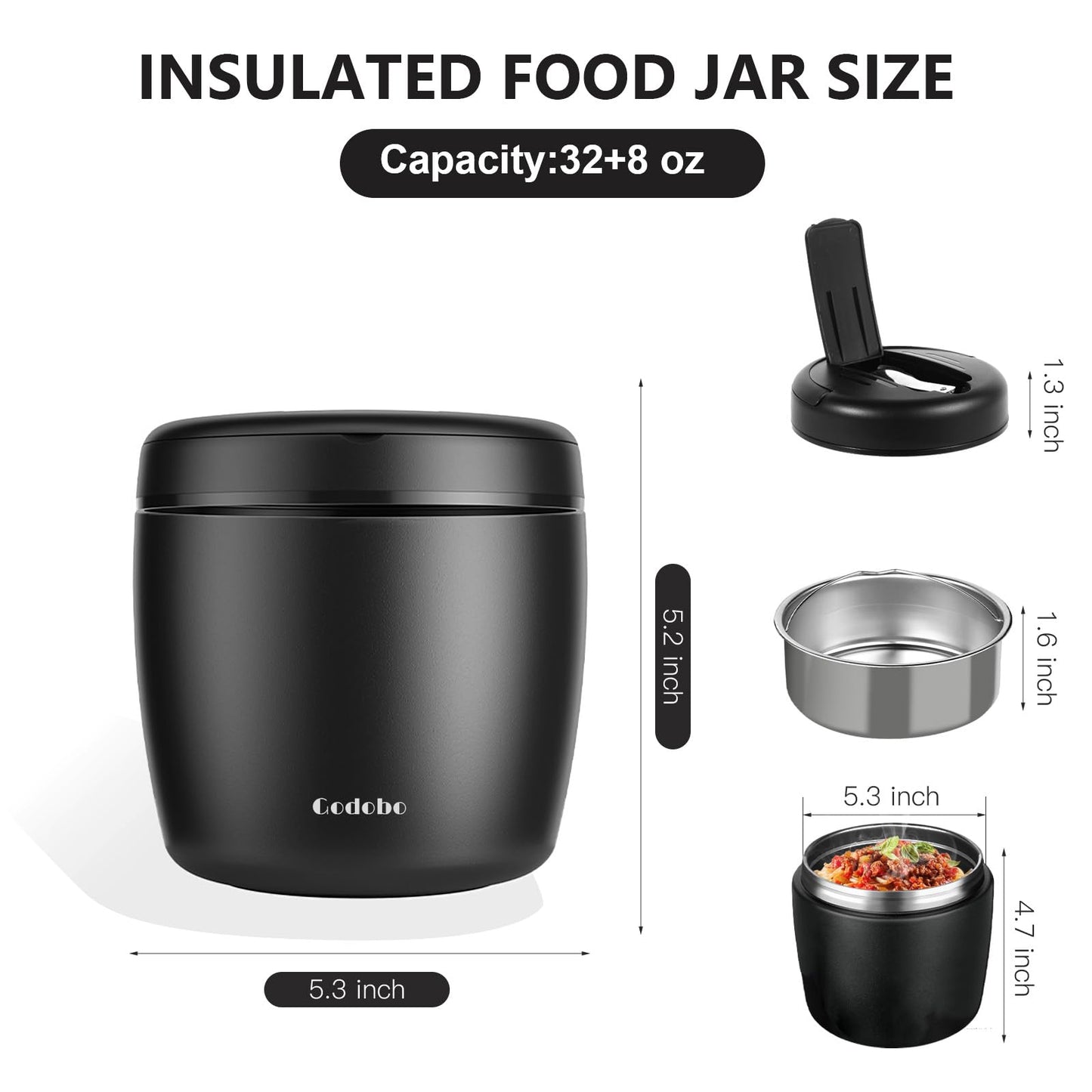 Godobo Thermo for Hot Food 40oz, Vacuum Insulated Food Jar for Adults, Stainless Steel Soup Thermo Wide Mouth Leakproof Lunch Containers with Spoon for School Office (Black)