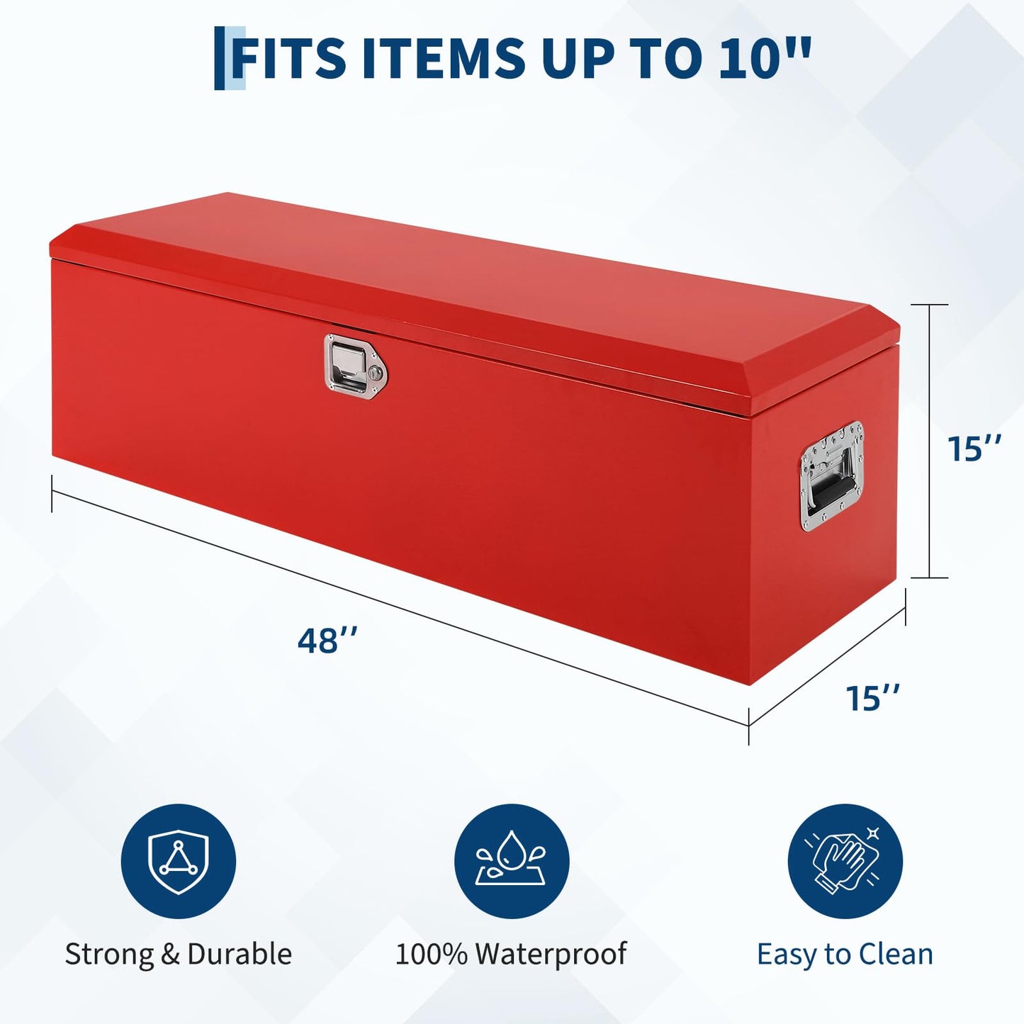 48" Heavy Duty Steel Metal Tool Box for Truck Bed, Lockable Weatherproof Crossbed Storage Box with Gas Strut Lid and Safety Hinge, Heavy Duty Steel Metal Truck Bed Tool Box for Pickup, Trailer, RV