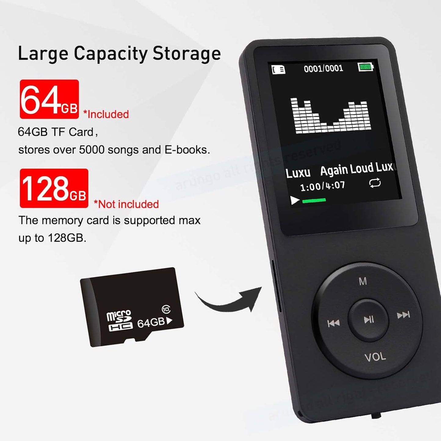 arungo MP3 64GB MP3 1.8 inch 128GB Player with Speaker Earphone Portable HiFi Lossless Sound Mini Music Player Voice