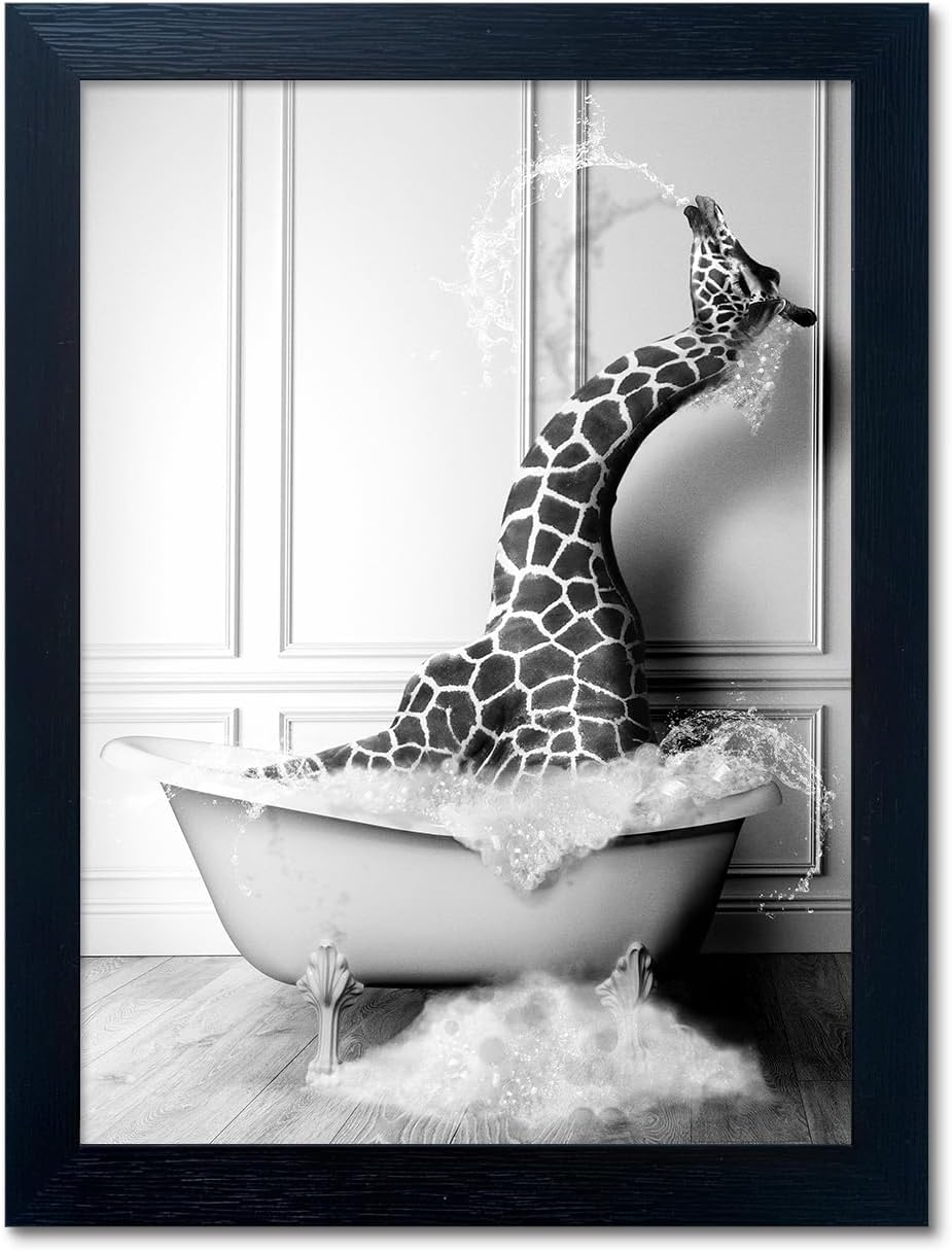 Skiennix Framed Animal Bathroom Wall Art - Funny Giraffe in Bathtub Canvas Print | Black and White Decor for Kids' Bathrooms