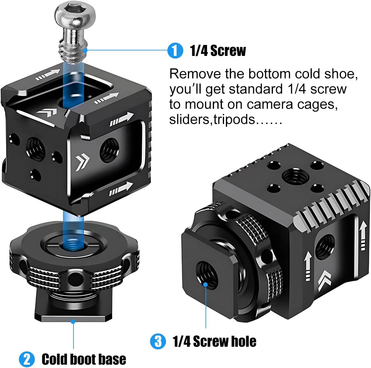 3 1/4"-20 Port Cold Shoe Mount Adapter with Thread for Camera Cage Flash LED Monitor Microphone, Aluminum Camera Triple