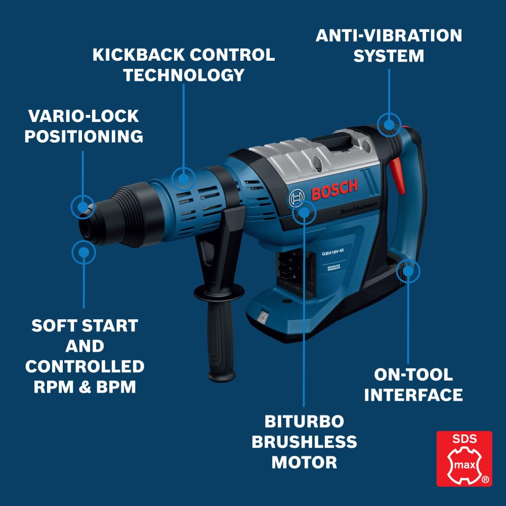 BOSCH PROFACTOR GBH18V-45CK27 18V SDS-max 1-7/8 In. Rotary Hammer | 9.3 Ft-Lbs Impact, BITURBO Brushless, Anti-Vibration | Includes (2) 12Ah CORE18V Batteries, 16A Turbo Charger, Case