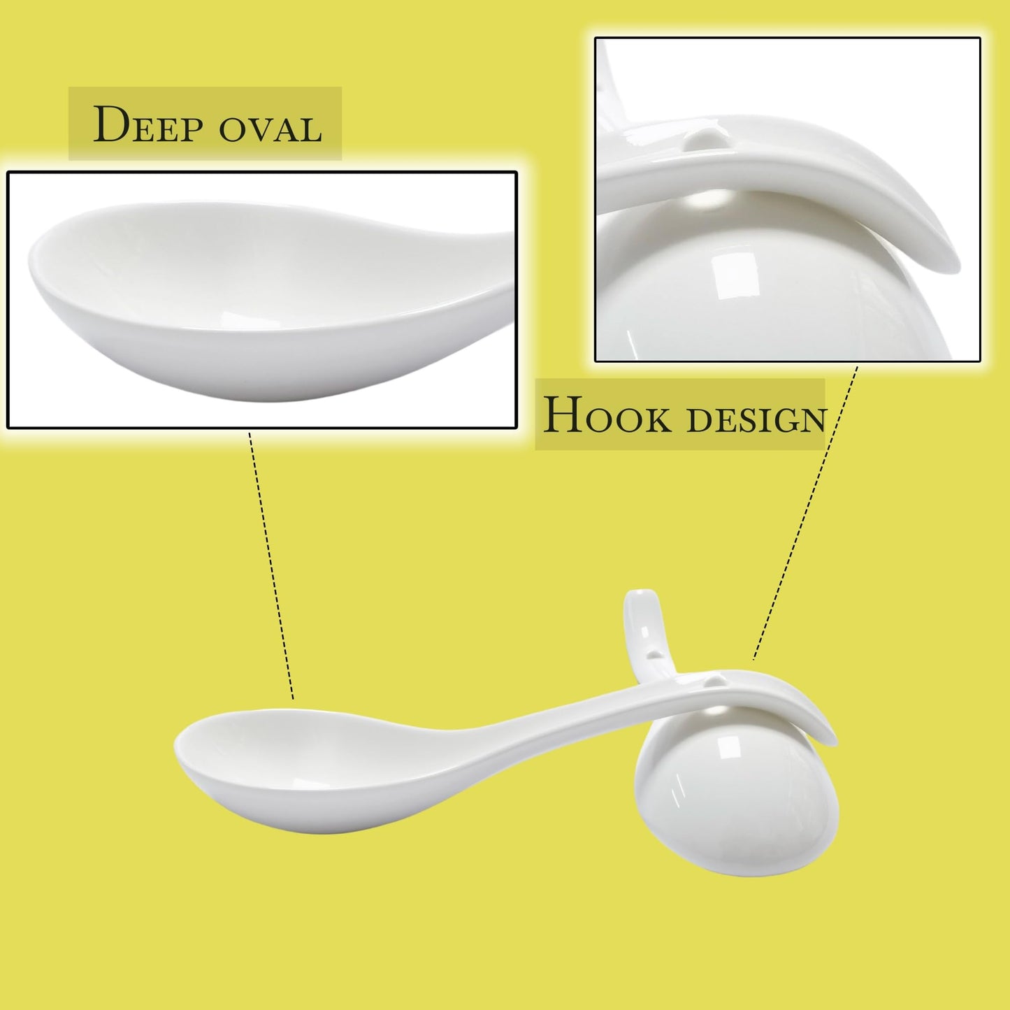 6.75 in Soup Spoons ACANDYL 6 Pcs Asian Soup Spoon Ceramic White Chinese Japanese Soup Spoon for Cereal Ramen Pho Dumpling Wonton Miso Non-Toxic & Dishwasher Safe Deep Oval Hook Design