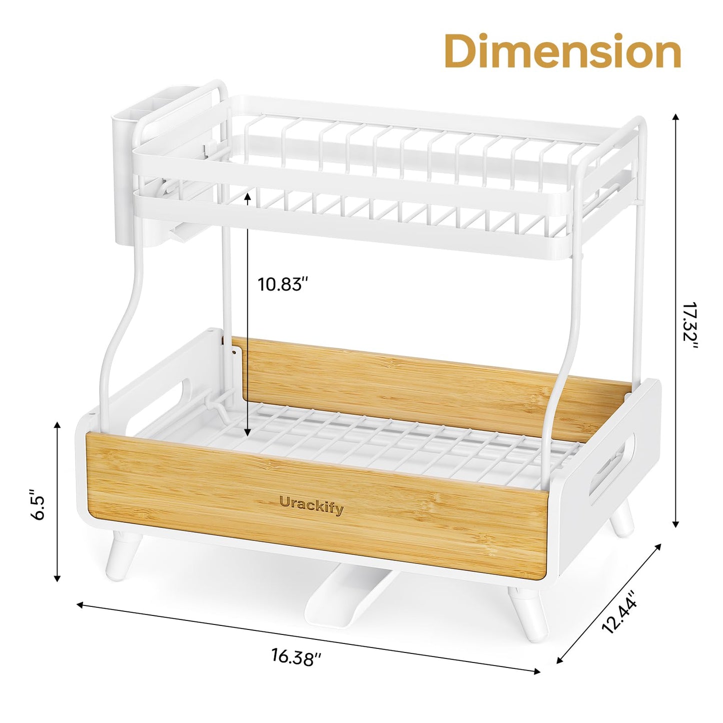 Urackify 2-Tier Dish Drying Rack, Large Stainless Steel & Bamboo Dish Rack for Kitchen Counter, Dish Drainers with Adjustable Automatic Spout, Drying Rack Kitchen with Utensil Holder, White