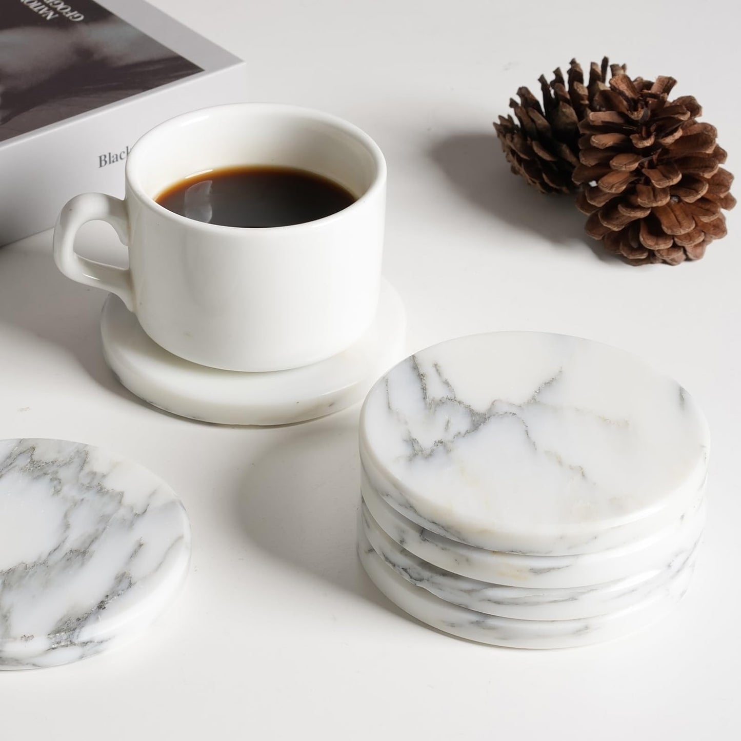 BCS Marble Coasters Set of 5 with Holder, Square Stone Drink Coasters for Coffee, Wine and Cocktails, Non-Slip Durable Cup Mats, Elegant Home, Bar & Kitchen Table Decor (Crema Beige)