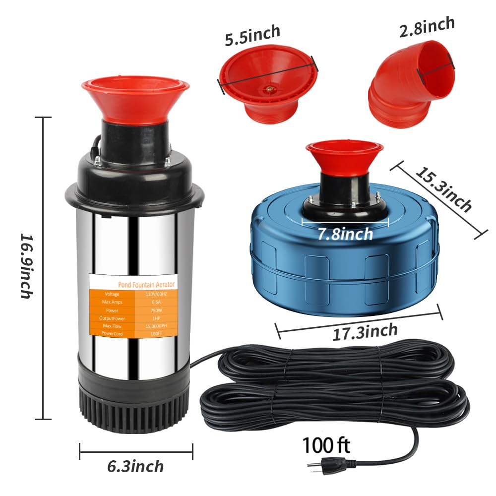 1HP 15000 GPH Pond Aerator Fountain Pump with Timer