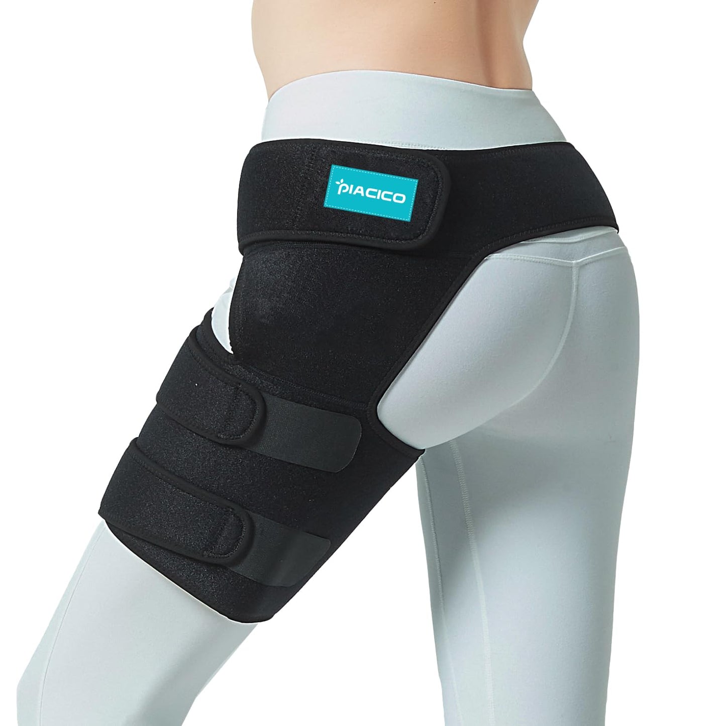 Piacico Hip Brace for Men & Women - Sciatica Pain Relief Devices, Adjustable Compression Support Wrap for Thigh Injury, Groin, Hamstring, Joints, Hip Pain, Improved Mobility & Recovery (Black Left)