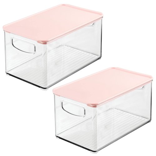 mDesign Deep Plastic Bathroom Storage Bin Box, Lid/Built-in Handles, Organization for Makeup, Hair Styling Tools, Toiletry Accessories in Cabinet, Shelves, Ligne Collection, 2 Pack, Clear/Pink