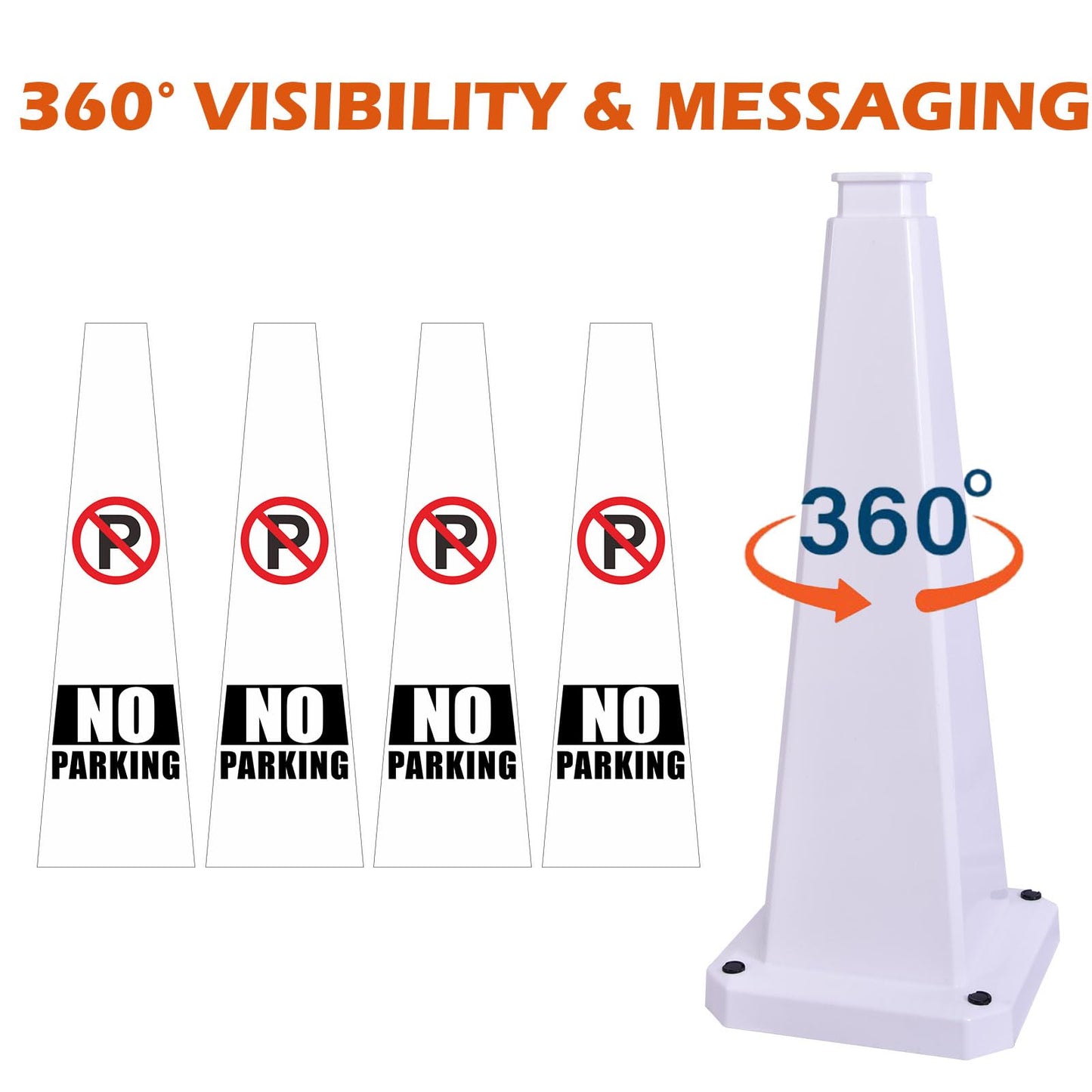 OranclUS 6 Pack 28 Inch 4-Sided Safety Cone, “No Parking” White Traffic Cone, Reflective High Visibility Durable PVC Stackable Traffic Control Cones (6, White-No Parking, 28inch Printed)