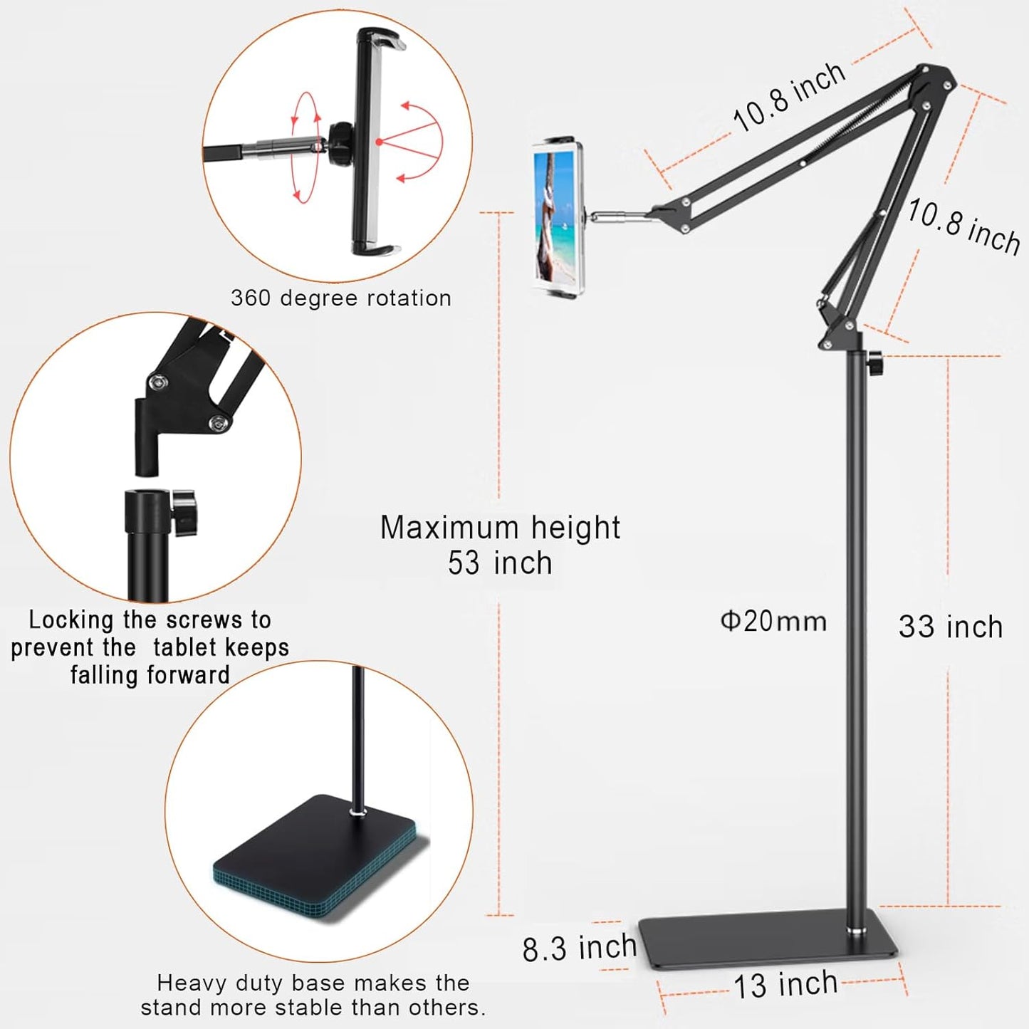 SAMHOUSING 6LB Tablet Floor Stand with Weight, Overhead Bed phone Stand Angle Height Adjustable Arm Stretchable Stand