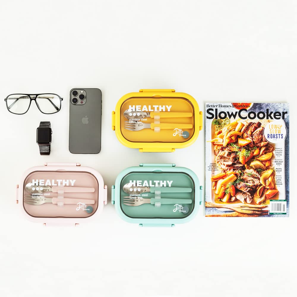 Lille Home 28oz Stainless Steel Leakproof 2-Compartment Bento Lunch Box/Portion Control Food Container with Lunch Bag and Cutlery Set, BPA Free