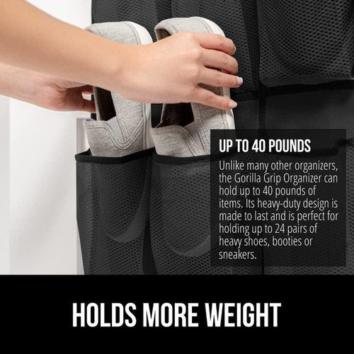Gorilla Grip Shoe Organizer - Over The Door Storage Solution | Holds Up To 40lbs, 2-Pack with LED Tactical Flashlight, Black