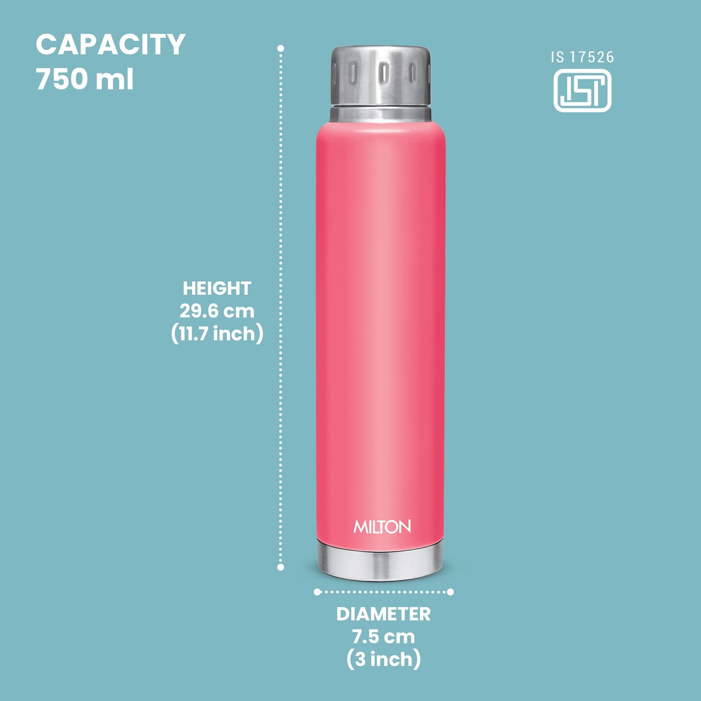 MILTON Thermos Insulated Water Bottle 25 oz (750 ml) Stainless Steel Double walled vacuum flask for 24 Hours Hot and Cold Drinks, Leak Proof for Travel, Office, Gym, Elfin 750 Pink