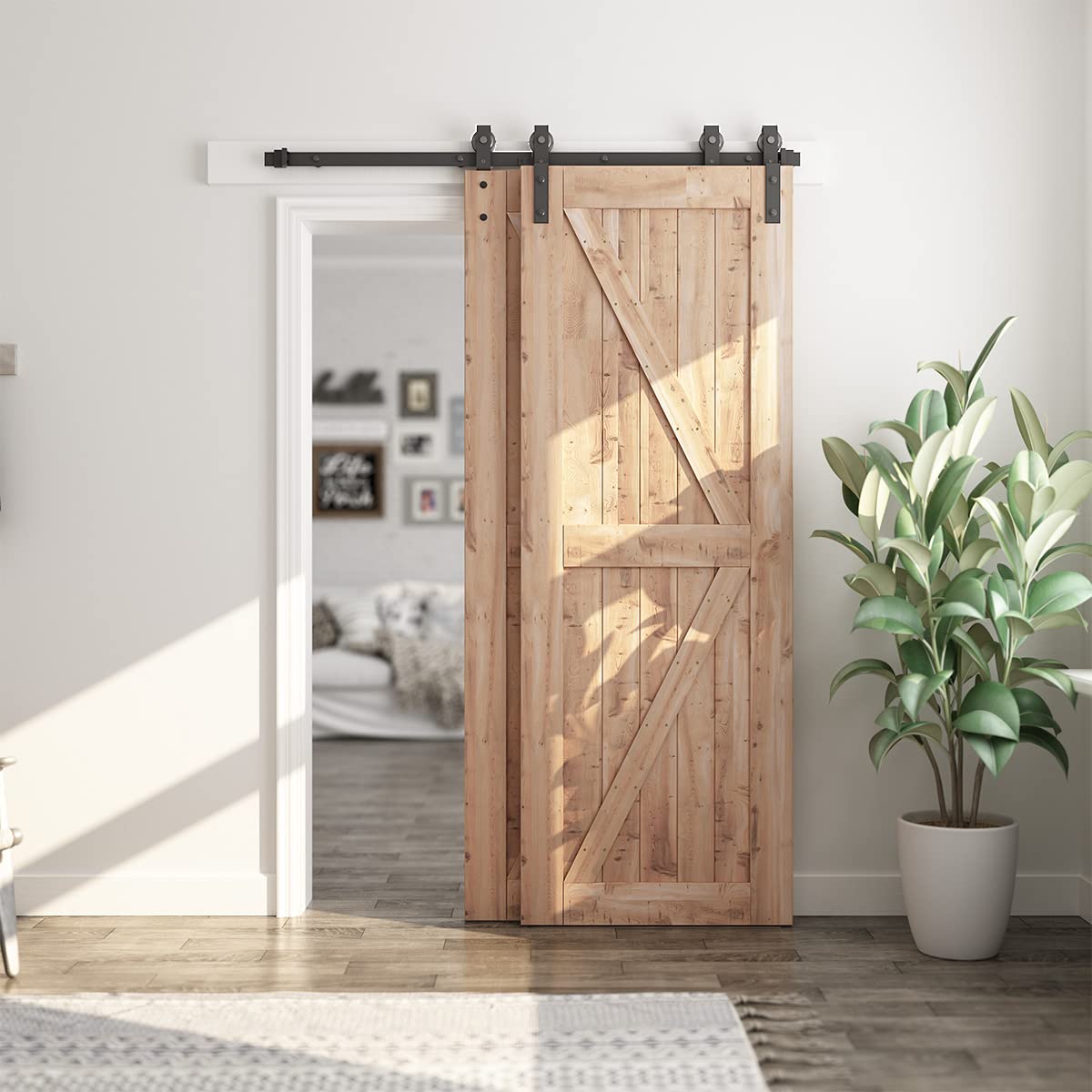 SMARTSTANDARD 5 Feet Bypass Sliding Barn Door Hardware Kit - for Double Wooden Doors-Single Track - Smoothly & Quietly - Easy to Install-Fit 48" Opening