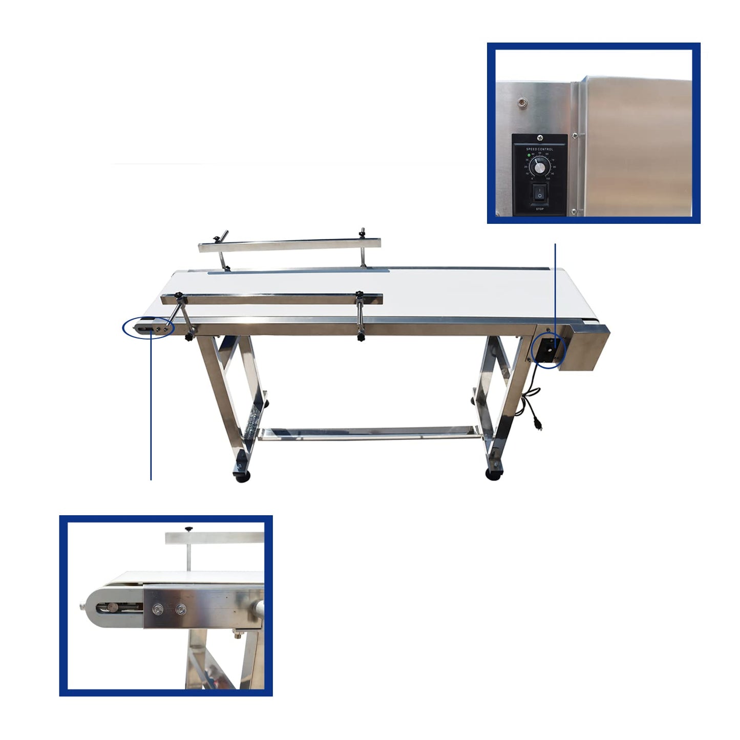 BREVELTION 53inch 110V Power Slider Bed PU Belted Conveyor Stainless Steel Belt Conveyor Industrial Transport Equipment 11.8inch Wide White