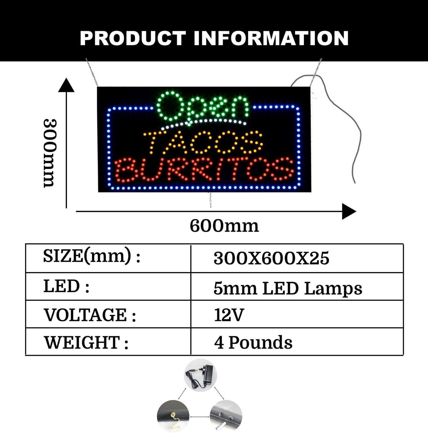 LED Open Tacos Burritos Sign for Retail Business Displays |Advertising Electronic Light Up Sign for Windows Walls |12"h x 24"w x 2"d