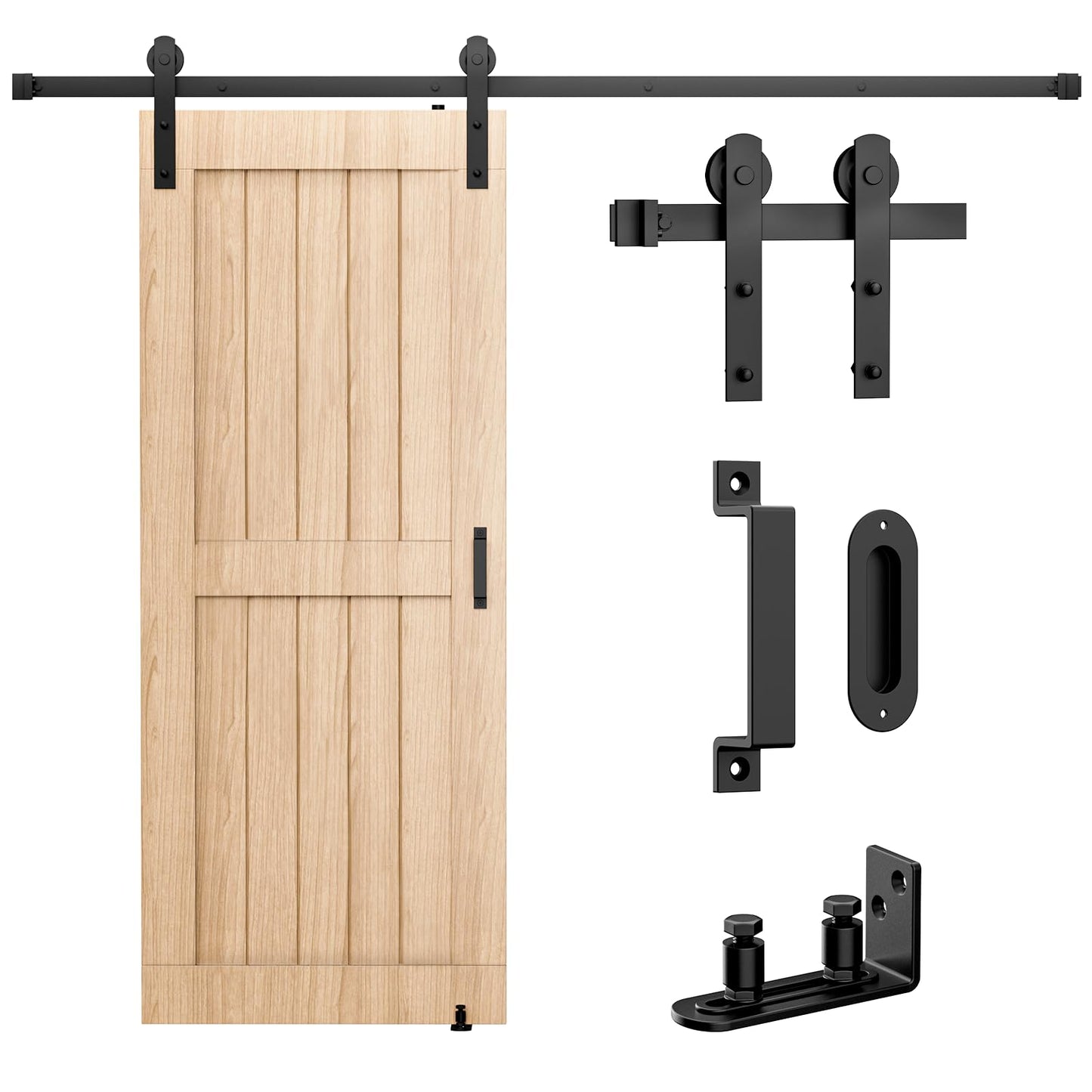 Signstek 8FT Sliding Barn Door Hardware Kit Heavy Duty with Door Hook, Adjustable Floor Guide and 2 Handles -Easy to Install, Smoothly and Quietly, Fit 1 3/8-1 3/4" Thickness -Black, I Shape Hanger