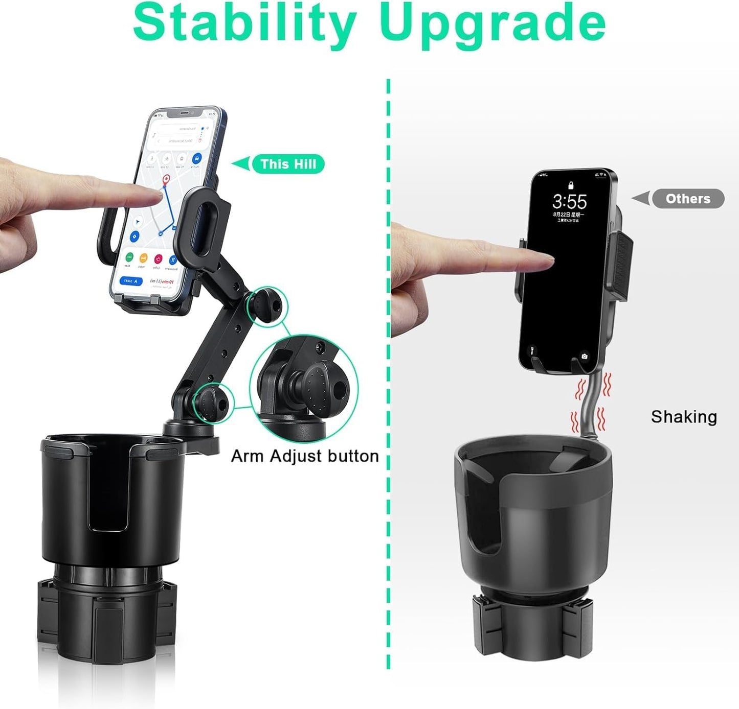 2-in-1 360 17 4.13", 3.78" This Hill Car Cup Holder Expander with Adjustable Base & Rotating Phone Mount, Compatible