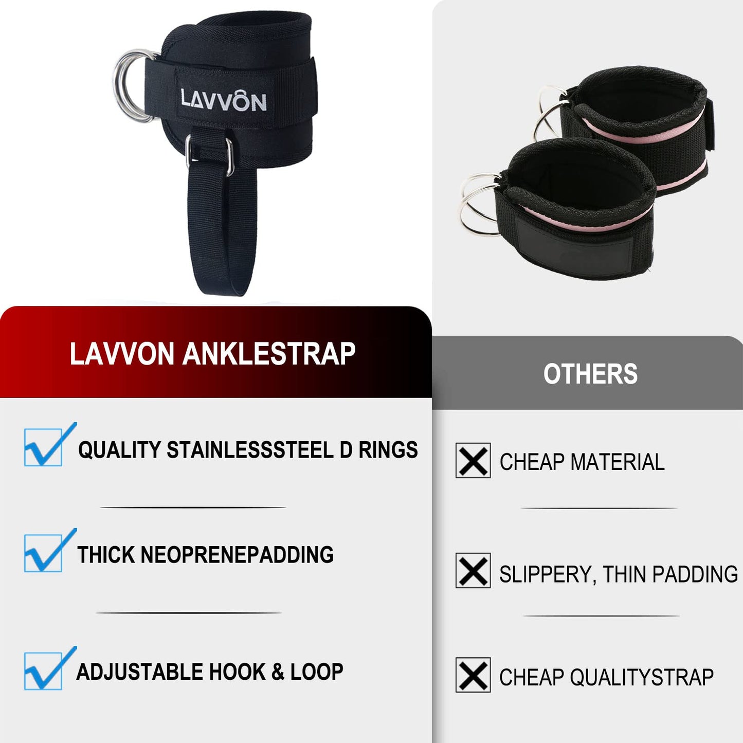 LAVVON Ankle Straps for Cable Machines Kickbacks - Adjustable Comfort Ankle Cable Attachments for Gym Ankle Cuff Cable Machine Glute Kickback Straps - Leg Extensions, Curls & Ankle Cuffs Women