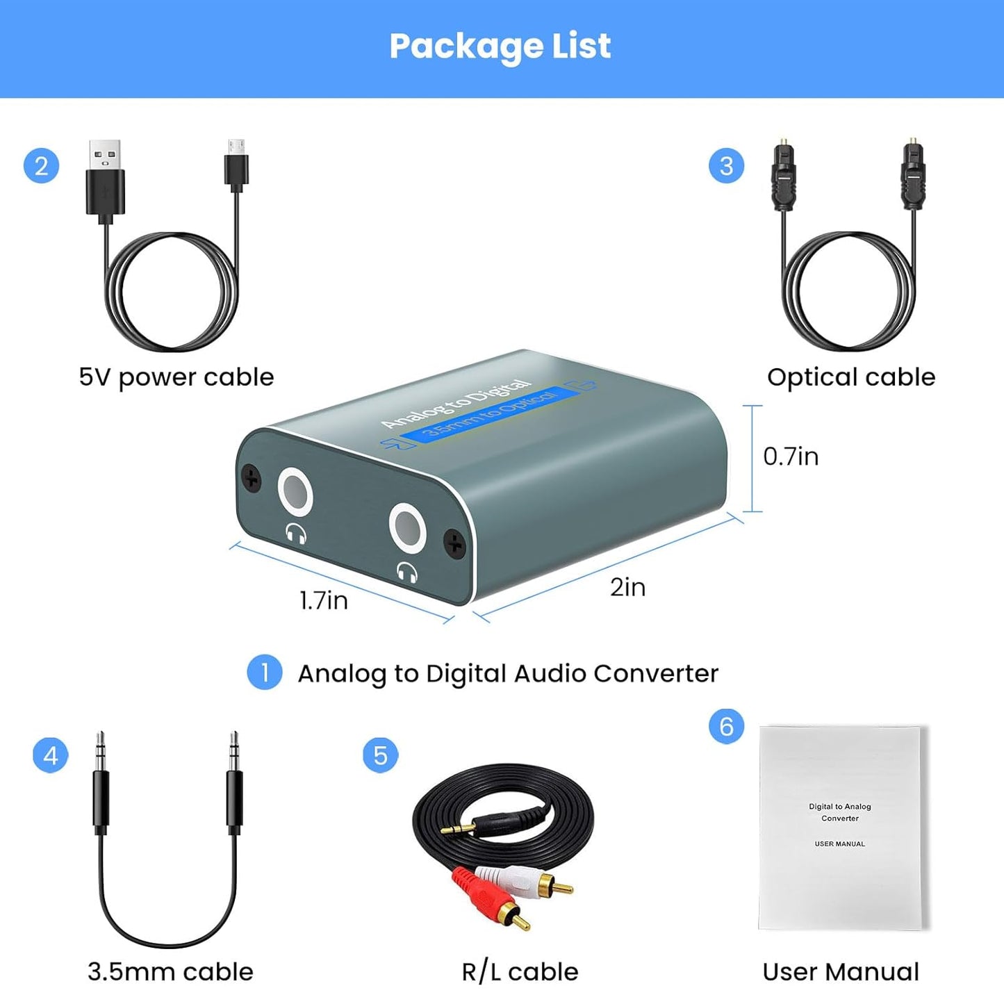 3.5mm 3.5 3.5 Analog to Digital Audio Converter Dual Analog Jack AUX to Optical SPDIF Audio Adapter with Optical Cable