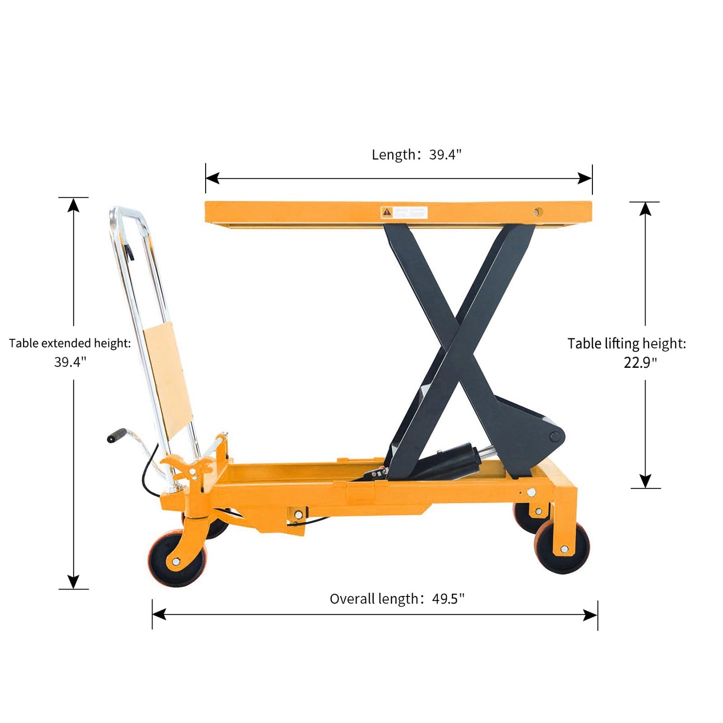 APOLLOLIFT Hydraulic Lift Table, 1760lbs Capacity 39.4" Lifting Height, Single Scissor Lift Table Cart with 4 Wheels and Safety Back Guard for Material Handling and Transportation-Yellow