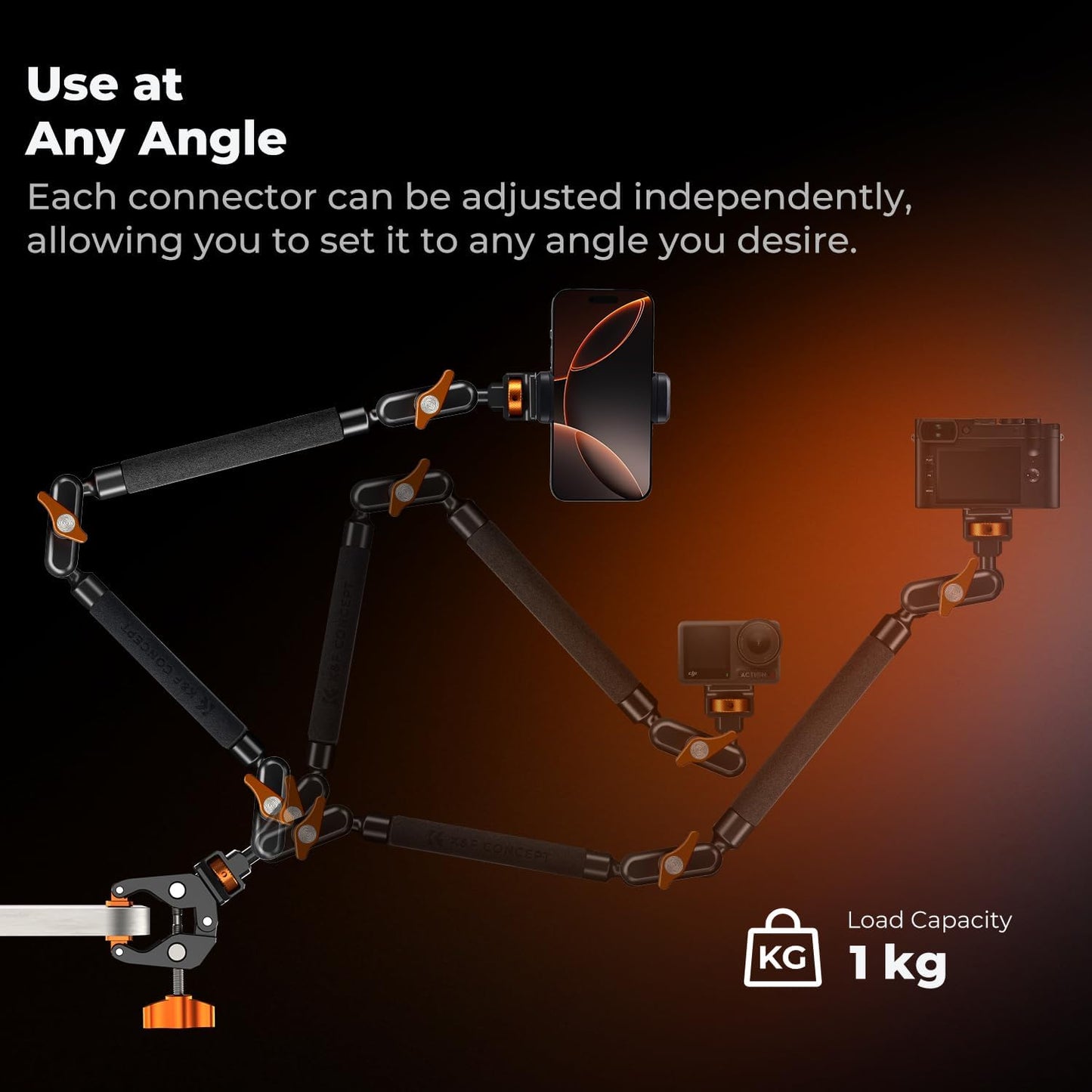 K&F CONCEPT 22" Magic Arm Clamp Kit, Overhead Desk Camera Mount, Long Articulating Friction Boom Arm for Phone, Action