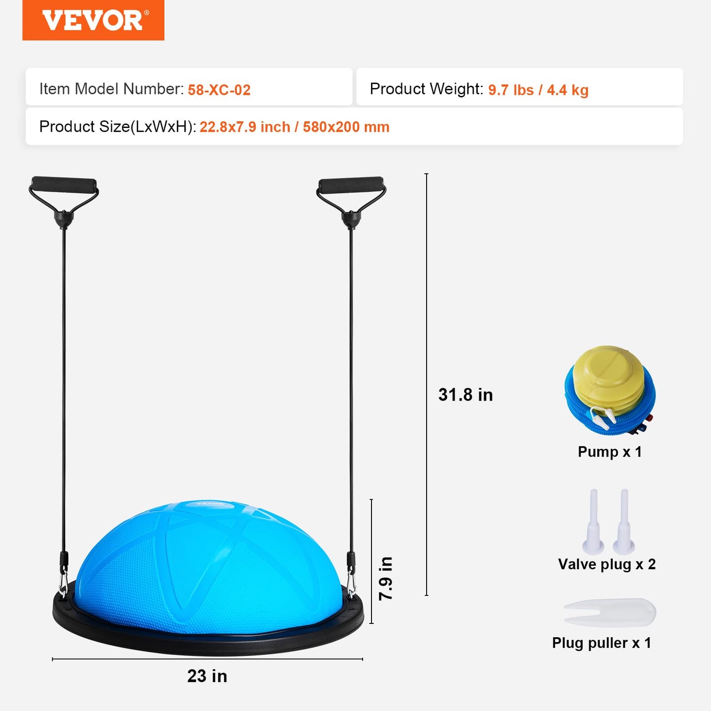 VEVOR 23-inch Half Exercise Ball Trainer, 660 lbs Capacity Balance Ball, Includes Resistance Bands and Pump, Ideal for Full Body Workouts, Yoga, and Strength Training at Home Gym, Blue2