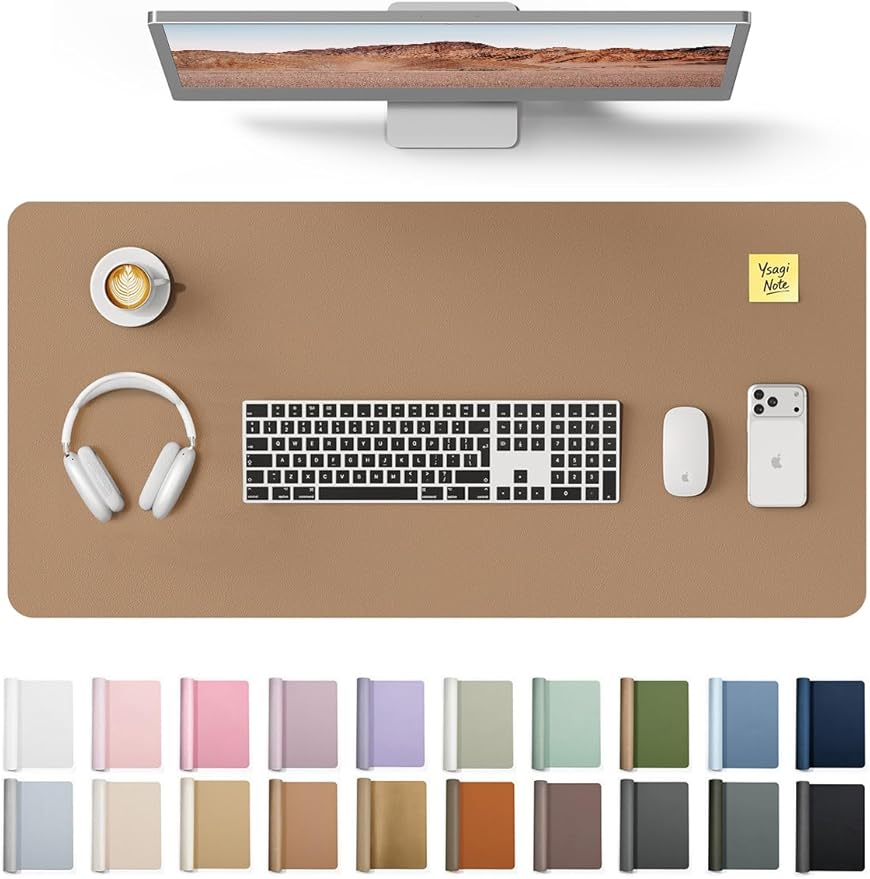 YSAGi Leather Desk Protector, Office Mat, Large Mouse Pad, Non-Slip PU Leather Blotter, Laptop Desk, Waterproof Writing Pad for Office and Home (Khaki, 35.4" x 17")