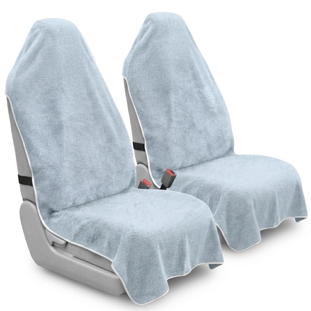 CORTHENA Car Seat Towel Cover, 2pcs Universal Front Seat Protector for Cars, SUVs and Trucks, Sweat Towel Car Seat Cover for Gym, Yoga, Swimming, Pets and Family Travel, Light Gray