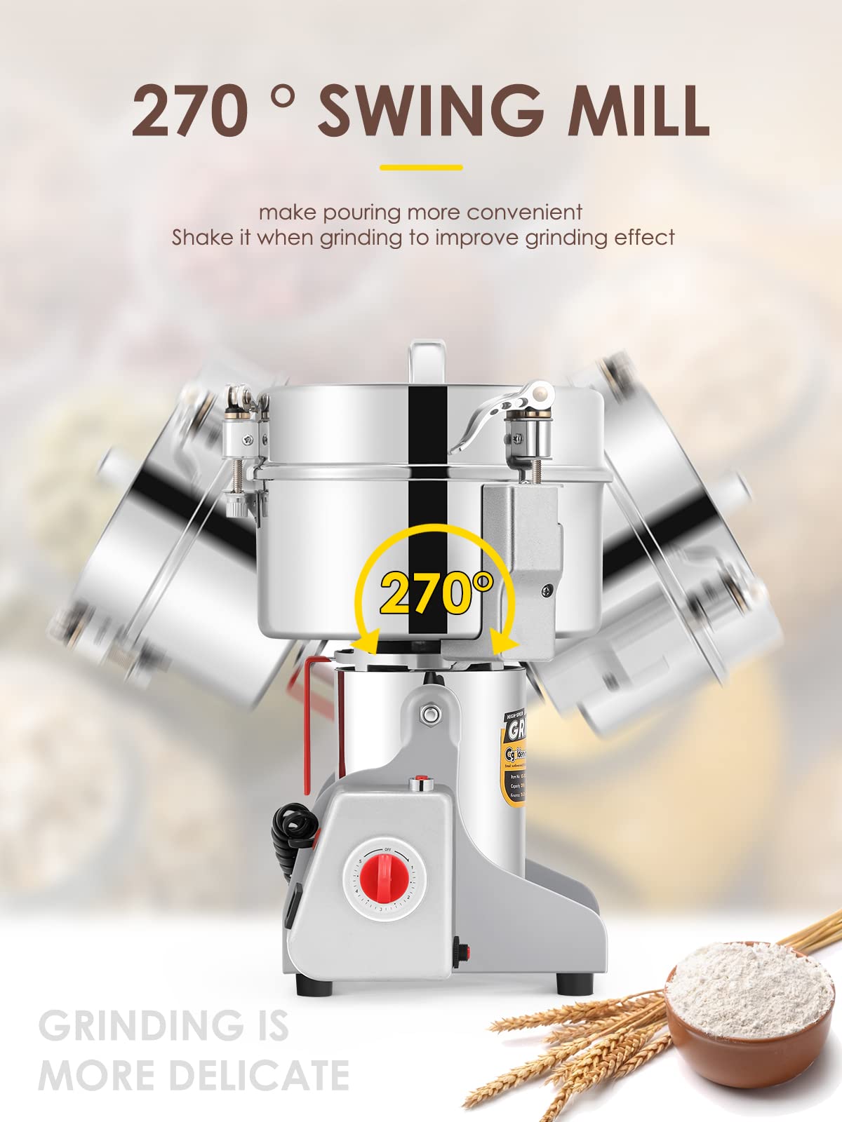 CGOLDENWALL 2500g Electric Grain Grinder Mill Safety Upgraded 3600W High-speed Spice Herb Grinder Commercial Superfine Machine Dry Cereals Pulverizer CE 110V (2500g Swing Type)
