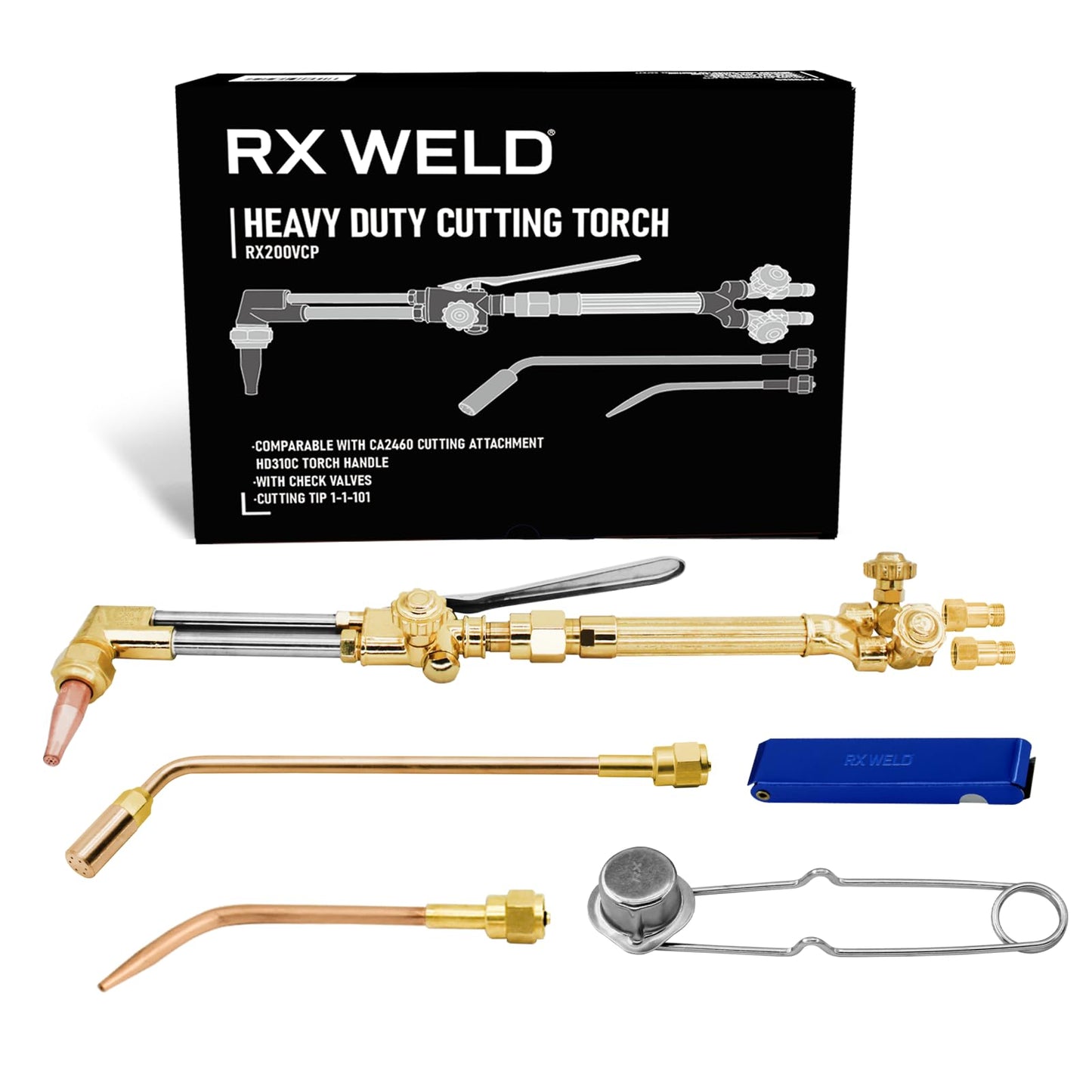 RX WELD Heavy Duty Oxy Acetylene Torch with Check Valves, Cutting Tip 1-1-101 and 8-MFA Heating Nozzle, CA2460 Cutting Attachment