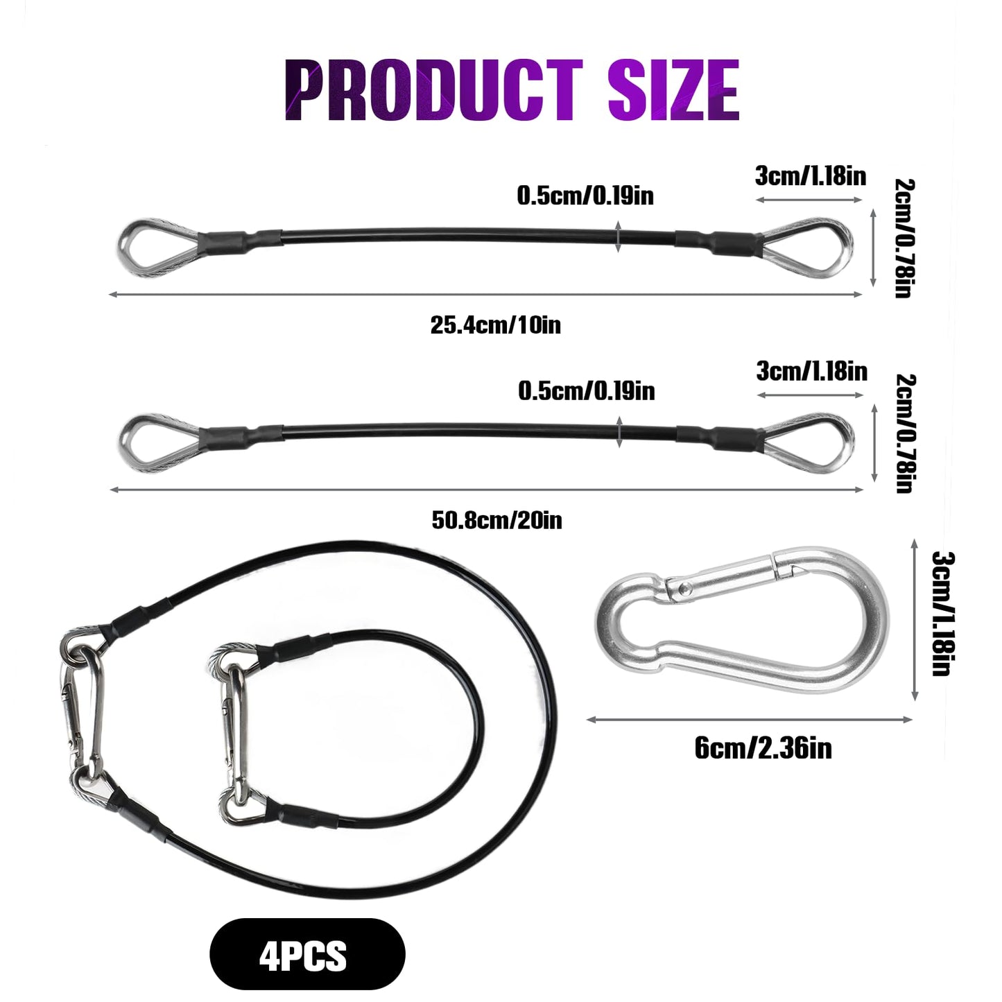 Gym Extension Cable Attachments, Black Thick Stable Fitness Equipment Extension Cord, Extend Workout Angles Tool Suitable for Bowflex Home Gym for LAT/Tricep Pull Down and Leg (4Pcs Black, 10"+20")
