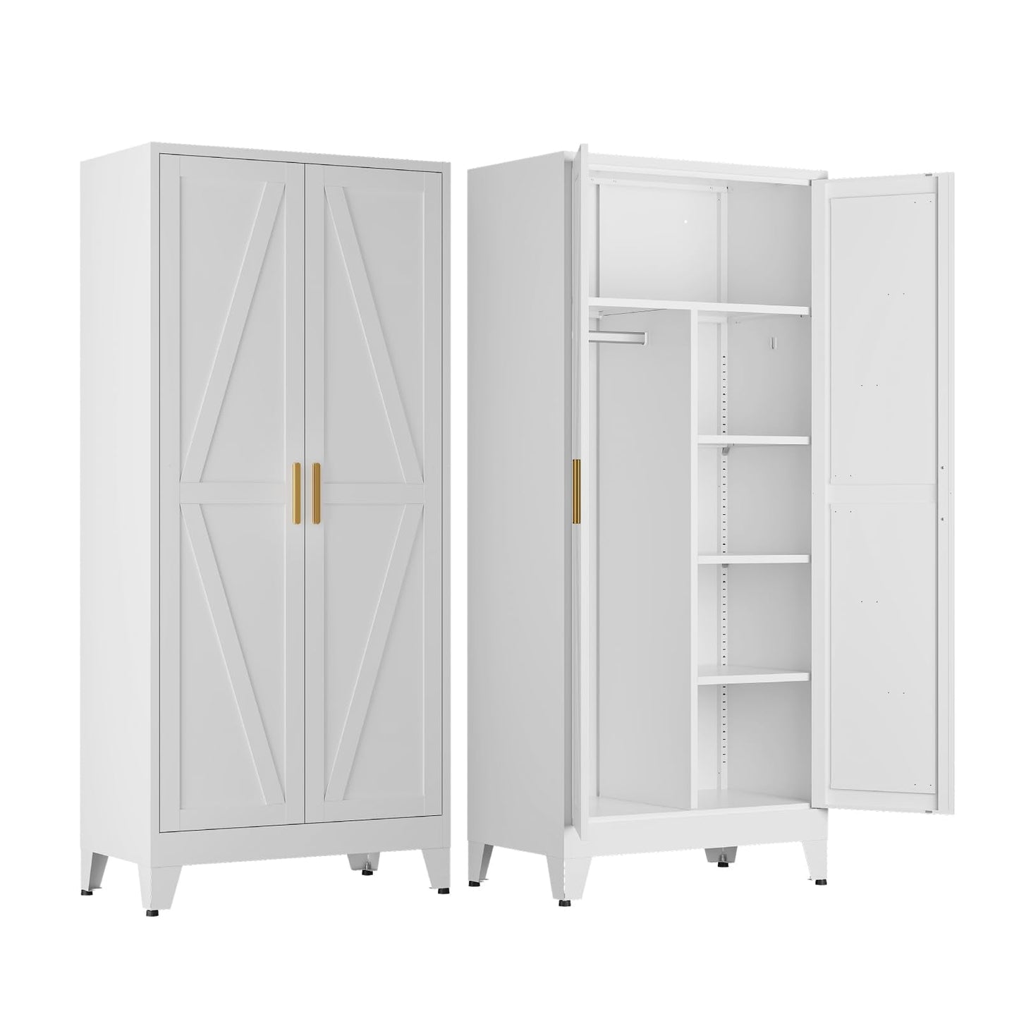 COFaR Metal Wardrobe Closet with Doors, 71'' Tall Steel Bedroom Armoire with Adjustable Hanging Rod and Shelves, Broom Closet Storage Cabinet for Garage Laundry Office, Farmhouse White